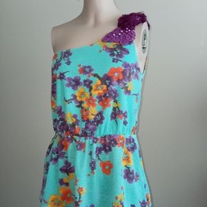 Hello Miss Floral print statement shoulder peplum top size small aqua and purple